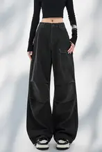 秋冬用 高腰ストレートワイドパンツ【黒色・デニム・工装デザイン・裾フリル】