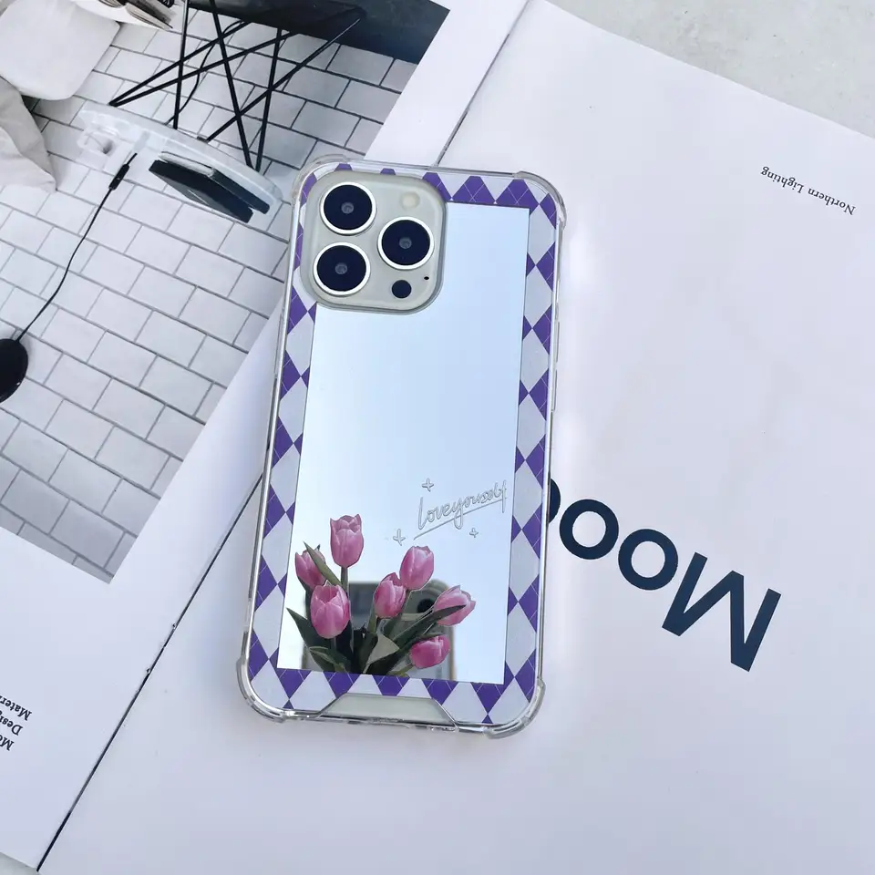紫色のチューリップミラーケース【スマートフォン用・iPhone対応・Huawei対応】