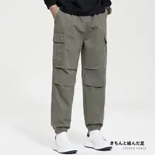 全棉製ワイドフィットカーゴパンツ【カキ色・デザイン・ストレートレッグ】