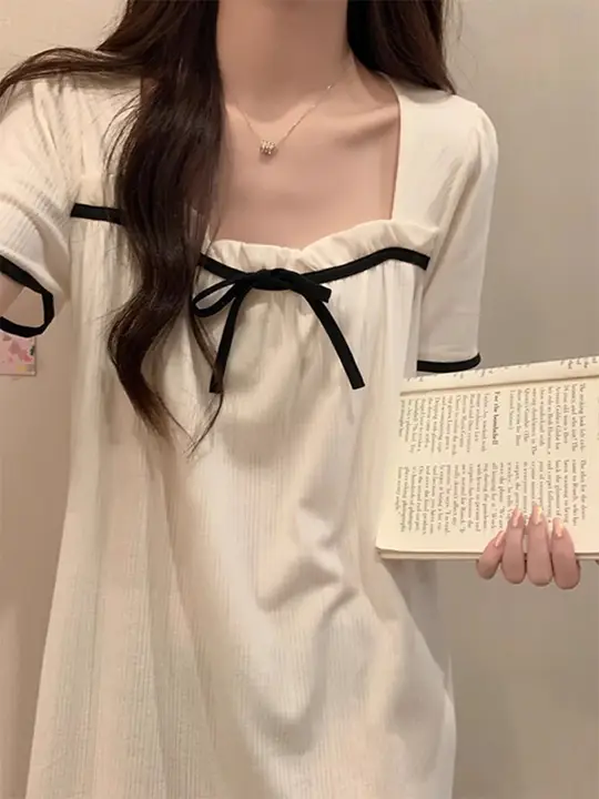 胸パッド付き 夏用 レディースコットン半袖ナイトドレス【アプリコットカラー・カジュアルホームウェア】