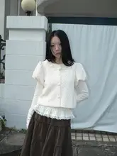 泡袖レースドットデザインのラウンドネック短袖カーディガン