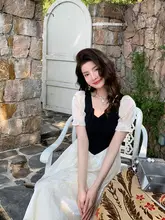 フレンチスタイルのパフスリーブワンピース【シルエットを美しく見せる・ブラック・コントラストデザイン】