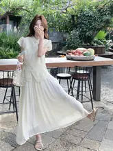 米白色の刺繍入りブラウスと薄手のチュールスカート【新中式国風・夏用・半袖】（セットアップ対応）