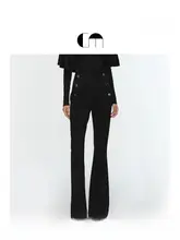 黒の羊毛製フレアパンツ【六粒ボタン装飾・秋用】