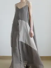 涼しげな麻素材のカラー切替キャミソールワンピース【した雰囲気・夏用・ルーズフィット】