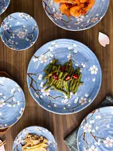 日本製 ブルー桜デザイン 陶器製食器セット【家庭用・ご飯茶碗・大皿・麺鉢】