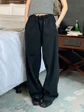 個性的なドローストリング付きデニムパンツ【ゆったりとしたブラックワイドレッグ・カジュアルロン  グパンツ】