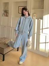 パーカー ワイドパンツ 2点セット レディース フード付き ブルー ルーズ カジュアル 着回し 春 秋