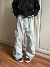 アメリカンヴィンテージ風 褶皺デザイン 多ポケットカーゴデニムパンツ【ユニセックス・ストレート・フィット・カジュアル】