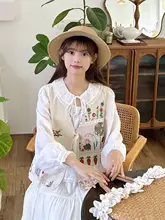 花柄チェックデザインの刺繍ベスト【コットンリネン・ゆったりフィット・重ね着に最適】（セットアップ対応）