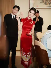 美しいデザインの中式紅色結婚式用チーパオ【長袖・披露宴・敬酒服】