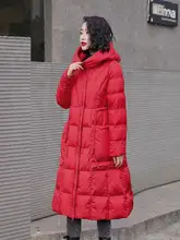 軽量で暖かな白鹅绒入りフード付きダウンコート【ウエストシェイプ・膝下丈・女性用】