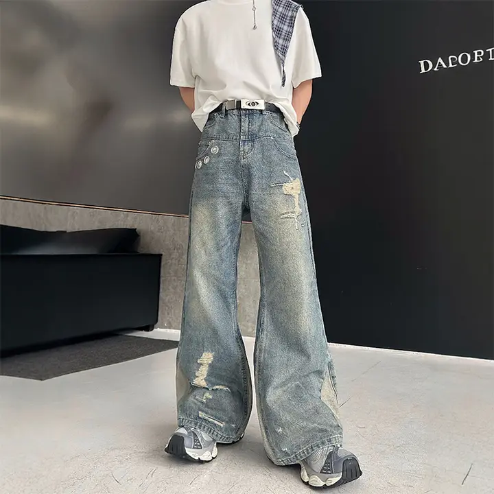 デザイン性が高いカジュアルなカラー切替ジーンズ【ダメージ加工・ワイドストレートパンツ】