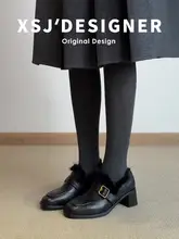 牛革製 ヴィンテージ風 加絨ローファー【女性用・ブラック・通勤用・太ヒール】