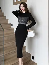 シルバーラメニットロングドレス【フレンチスタイル・秋冬用・スリムフィット】