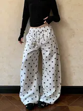 ドット柄のリボン付きワイドパンツ【刺繍デザイン・カジュアル・女性用】（セットアップ対応）