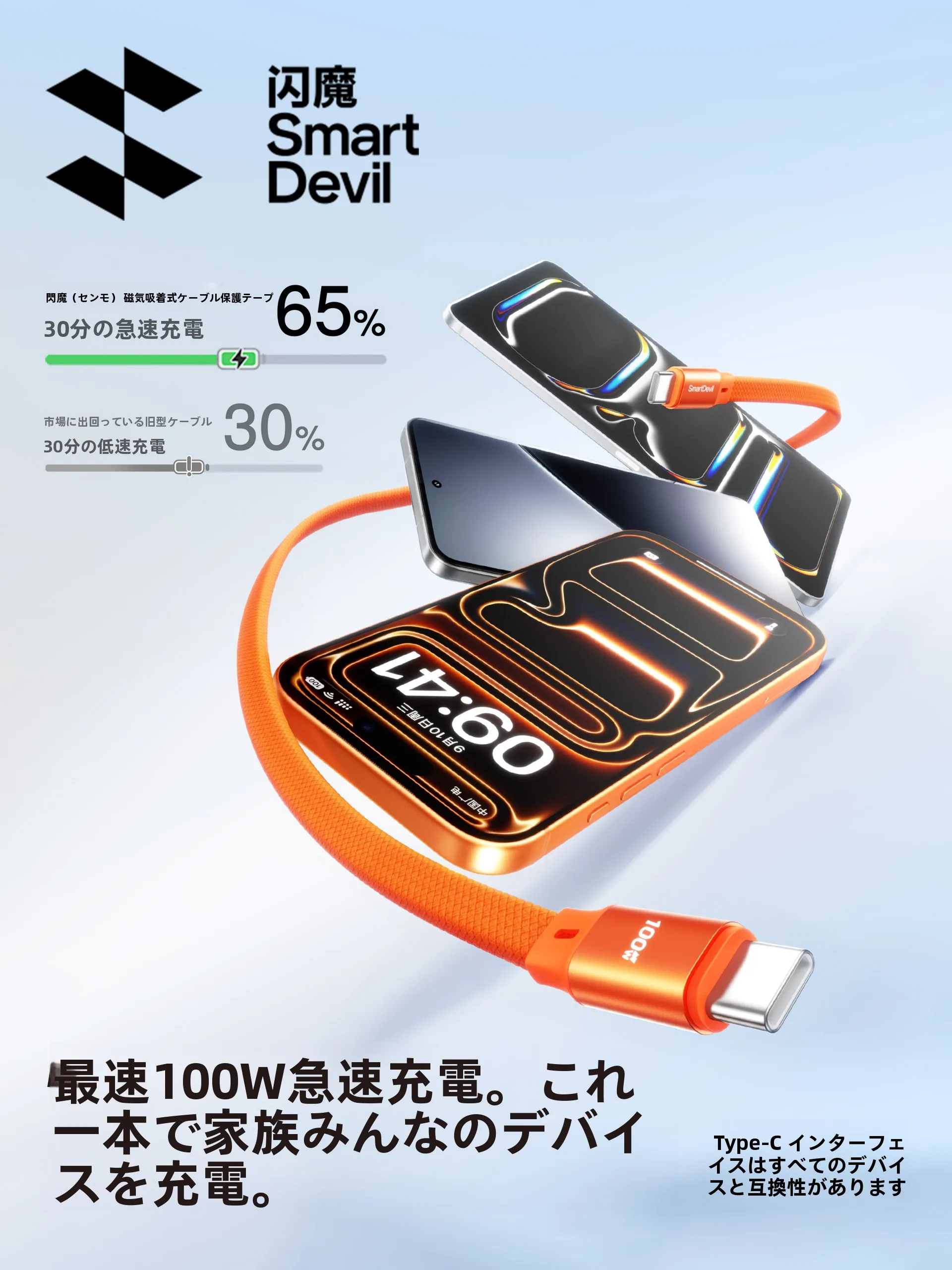 SmartDevil マグネット吸着データケーブル：Apple対応のLightning・Type-C両用急速充電を実現