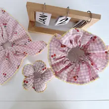 清楚でかわいいブルーとピンクのチェック柄チェリーターバン【シンプルで気品あるデザイン】