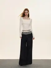 春季用 スリムフィット 長袖トップス【方形ネック・フリルデザイン・ウエストシェイプ】