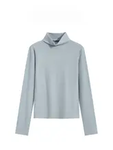 ブルーのハイネック長袖Tシャツ【厚手・秋冬向け・レディース】