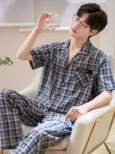 メンズ夏用コットンパジャマセット【短袖・長パンツ・大きいサイズ・薄手】