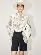 シャツ ショートパンツ 2点セット レディース 花鳥柄 長袖 カラー カジュアル 着痩せ おしゃれ