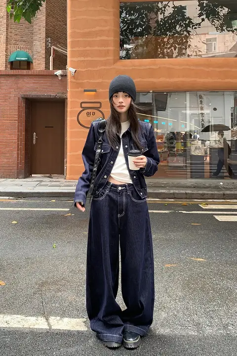 深い青のショートデニムジャケット【秋用・アメリカンスタイル・スリムフィット・小柄対応】（セットアップ対応）