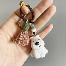 キーホルダー バッグチャーム 手彫り 無垢材 ウェスティ 編み込み紐 可愛い 通学バッグ 友達 プレゼント おしゃれ ギフト