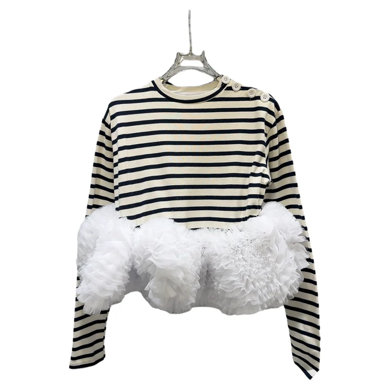 個性的なブラック＆ホワイトストライプのフリルチュニックTシャツ【長袖・メッシュスカート付き】