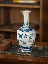 青花瓷デザインのレトロな陶器花瓶【蝶模様・客間用・インテリア装飾】