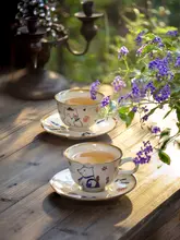 レトロ手描きのワビサビ風コーヒーカップ【フレンチスタイル・陶器製・デザイン性の高い】