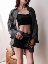感あるチェック柄のゆったり長袖シャツとハイウエストミニスカート【通勤用・デザインセットアップ対応】