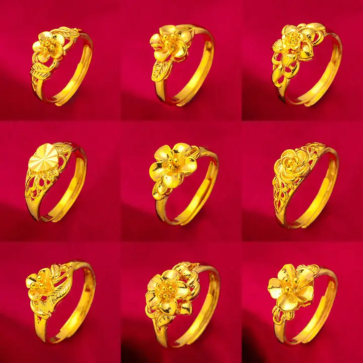 ベトナム製 サンダルウッドフラワーデザイン指輪【調整可能・金メッキ仕上げ】