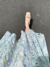 ワンピース 女性 Vネック 長袖 シフォン 花柄 春秋 クリーン ソフト ウエストシェイプ