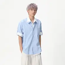 韓国風ストライプ半袖シャツ【メンズ・爽やかカジュアル・デザイン切替】