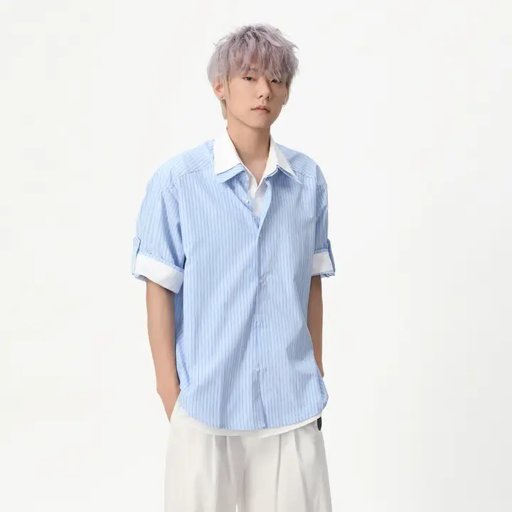 韓国風ストライプ半袖シャツ【メンズ・爽やかカジュアル・デザイン切替】
