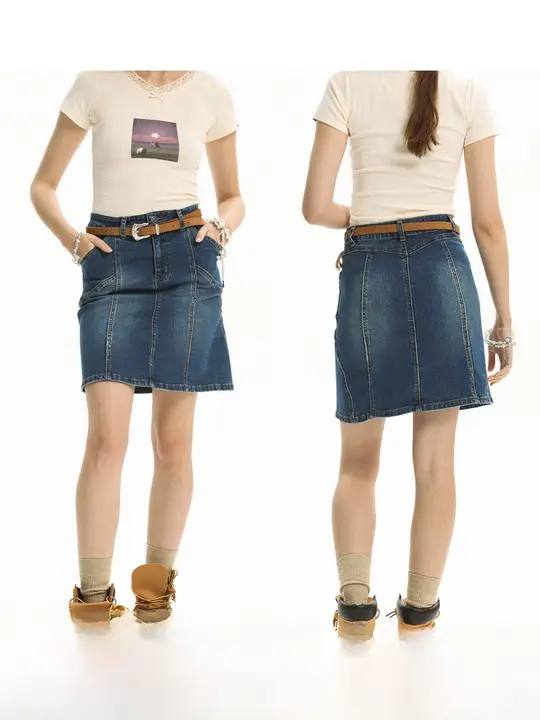 Unvesno Aラインデニムスカート【レトロブルー・切り替えデザイン・ひざ丈】
