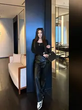 SX善喜 ブラックPUレザー ハイウエストストレートパンツ【クールなデザイン・カジュアル・万能】