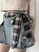 Y2Kスタイル 長方形チェック柄シルクスカーフベルト【チェーン付き・デニムパンツと相性抜群】（セットアップ対応）