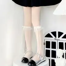 レース透明レッグソックス【夏用・薄手・バレエ風・リボン付き・ロリータスタイル】