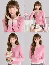 トップス レディース フェイクレイヤード 長袖Tシャツ 厚手 インナー ピンク フェミニン 秋冬