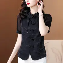 国風デザインのショート丈シャツ【夏用・立ち襟・黒・盤扣付き】