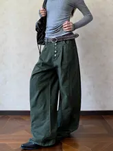 おしゃれなデザインのワイドレッグ工装パンツ【ストリートスタイル・皺加工・ボタン付き】（  セットアップ対応）