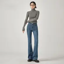 高腰ストレッチデニムパンツ【ブラック・フレアデザイン・小柄向け・ハイウエスト】（セットアップ対応）
