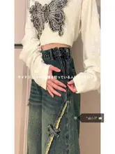 ゆったりしたアメリカンヴィンテージサイドジップフリンジストレートデニムパンツ【バタフライパッチ・夏用・女性用】
