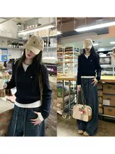 学院風ポロ襟ツイストニットトップス【女性用・長袖・フィットデザイン】