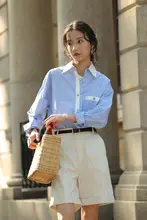 ゆったりしたトップス 女性用 フランス風バイカラーストライプ ミディ丈 オリジナルデザイン
