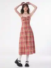ziziFei 赤いチェック柄のストレートスリーブマキシドレス【セクシーなスリット・ウエストシェイプ・春夏用】
