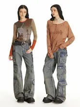 ユニセックス古着風ワイドレッグデニムパンツ【多ポケット・ウォッシュブルー・ストリートスタイル】（セットアップ対応）