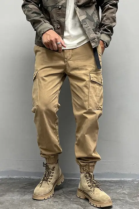 メンズ コットン製 水洗い加工 ワークパンツ【アウトドア用・耐摩耗・多ポケット・ゆったりストレートタイプ】
